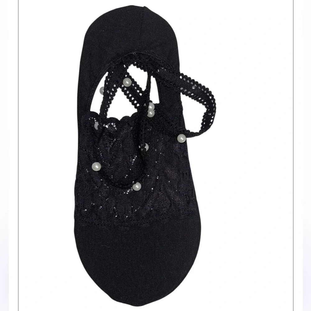 Pearl Lace Black No Show Socks Cotton Four Pair Ankle Strap White Pearl Accents